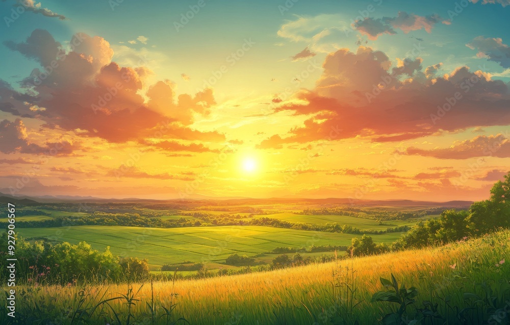 Golden Hour Delight: anime-style Enchanted Sunset Over Lush Green Fields for Agricultural Fairs and Farm-to-Table Events,Anime-Style,illustration,Picture BooksFor Poster,Novel,UI,WEB,Game,Design,Abstr Golden Hour Delight: anime-style Enchanted Sunset Over Lush Green Fields for Agricultural Fairs and Farm-to-Table Events,Anime-Style,illustration,Picture BooksFor Poster,Novel,UI,WEB,Game,Design,Abstr