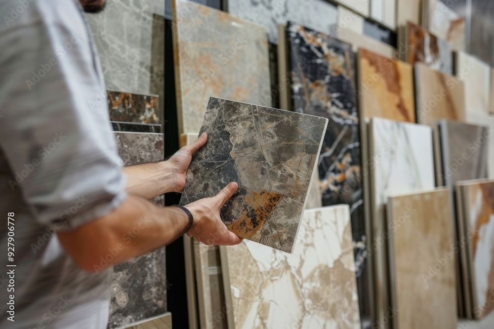 A man and a woman are looking at a tile on a table A man and a woman are looking at a tile on a table