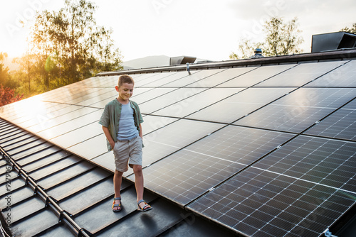 Wallpaper Mural Boy walking on roof with solar panels during sunset, smiling, hands in pockets. Rooftop solar or photovoltaic system. Sustainable future for next generation. Torontodigital.ca