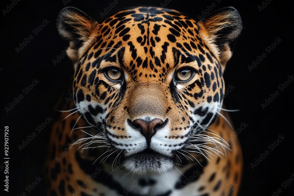 intense closeup of jaguar face emerging from inky darkness piercing eyes sleek fur and powerful features convey wild beauty and primal strength intense closeup of jaguar face emerging from inky darkness piercing eyes sleek fur and powerful features convey wild beauty and primal strength