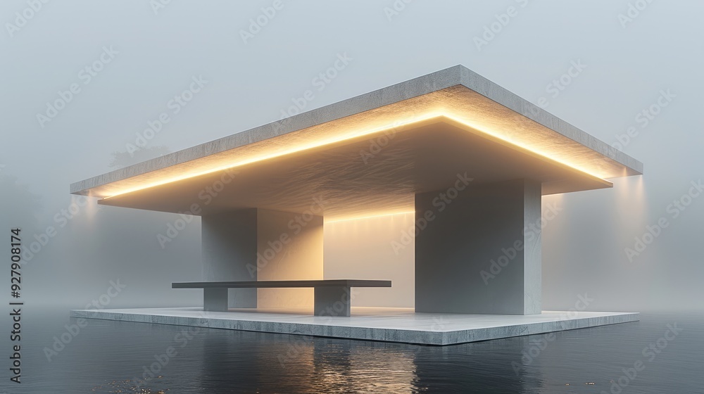 An illuminated bus stop canopy at night in fog, creating an eerie and dramatic scene. An illuminated bus stop canopy at night in fog, creating an eerie and dramatic scene.