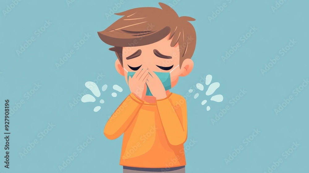 Sick young character covering his nose and mouth with his arm Sick young character covering his nose and mouth with his arm