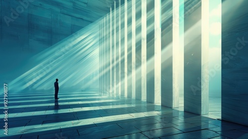 A three-dimensional, colourless corridor with bright intersecting light beams creating a geometric path, and a lone silhouette adding to the futuristic, silent atmosphere.