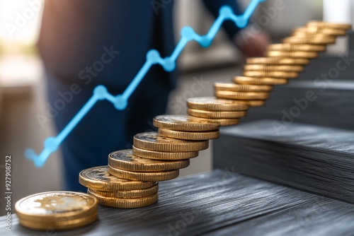 Businesswoman climbing a financial growth staircase metaphorically representing career advancement and success