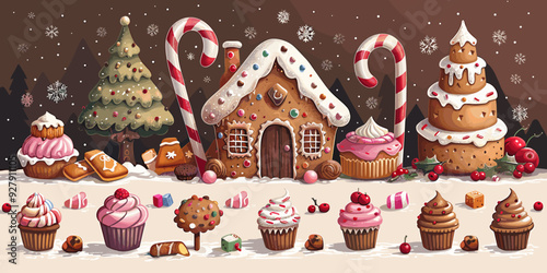 Christmas gingerbread house and candy canes. Vector cartoon illustration.
