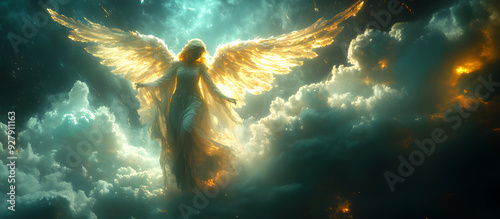 Angel mythology, abstract oil painting of a beautiful, mighty flying angel spreading arms and wings. Dramatic mythology vibe background, clouds and sunrays, representing good and evil.