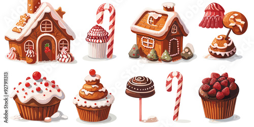 Cake house and sweets vector set. Chocolate cupcake, gingerbread house, candy canes, candies, lollipops mallows in cartoon style