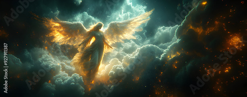 Angel mythology, abstract oil painting of a beautiful, mighty flying angel spreading arms and wings. Dramatic mythology vibe background, clouds and sunrays, representing good and evil.