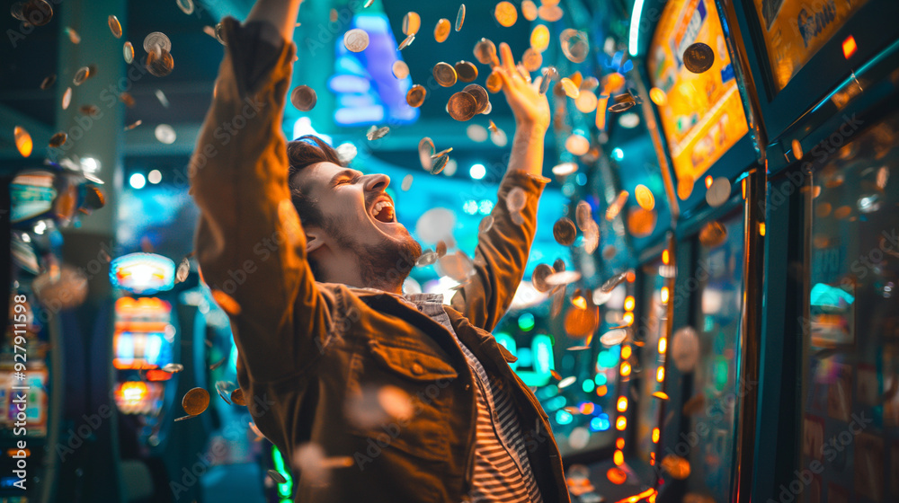 Obraz premium Man celebrating with tokens in vibrant arcade setting.