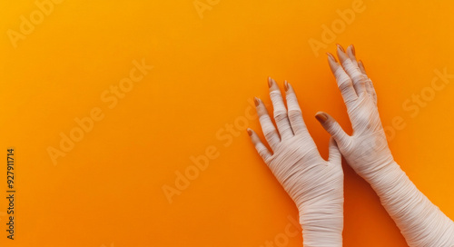 Mummified halloween hands wrapped in bandages against an orange background. Happy halloween banner photo