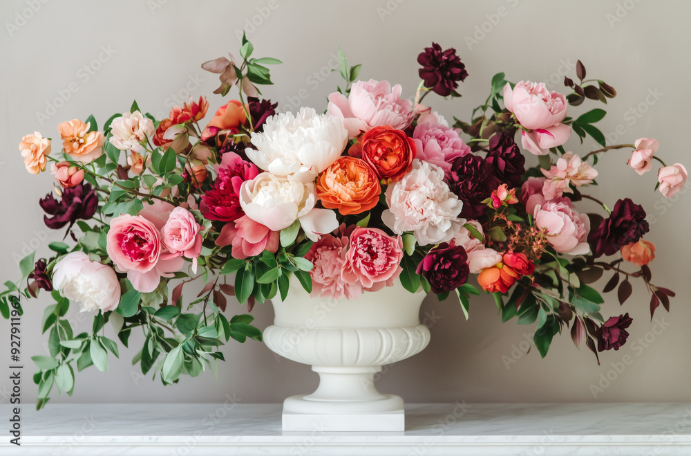 Obraz premium Luxurious floral arrangement of pink, white and burgundy flowers in a vintage vase