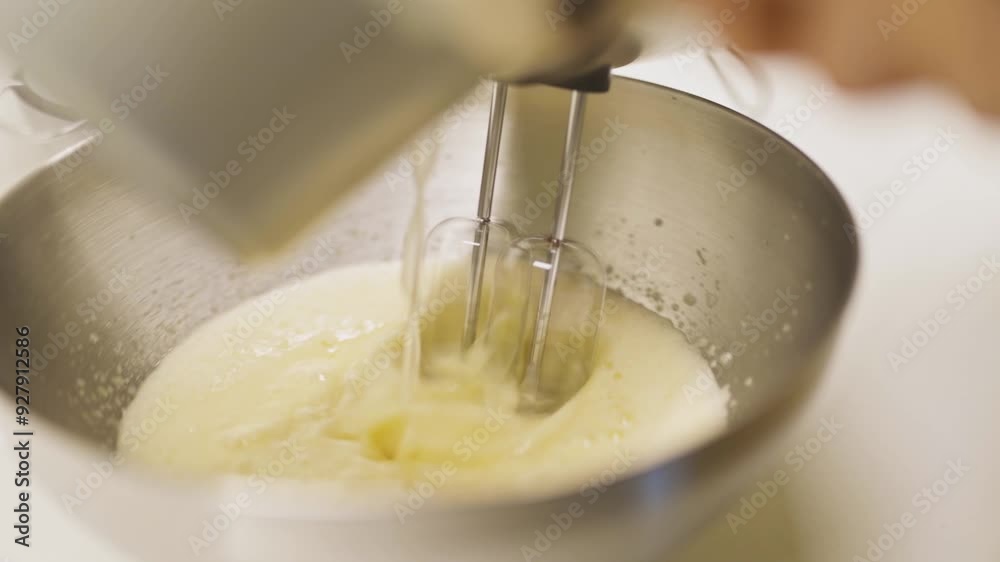Beating Eggs in a Bowl with Electric Hand Mixer and Pouring Ingredients. Slow Motion. Close-Up Shot Beating Eggs in a Bowl with Electric Hand Mixer and Pouring Ingredients. Slow Motion. Close-Up Shot