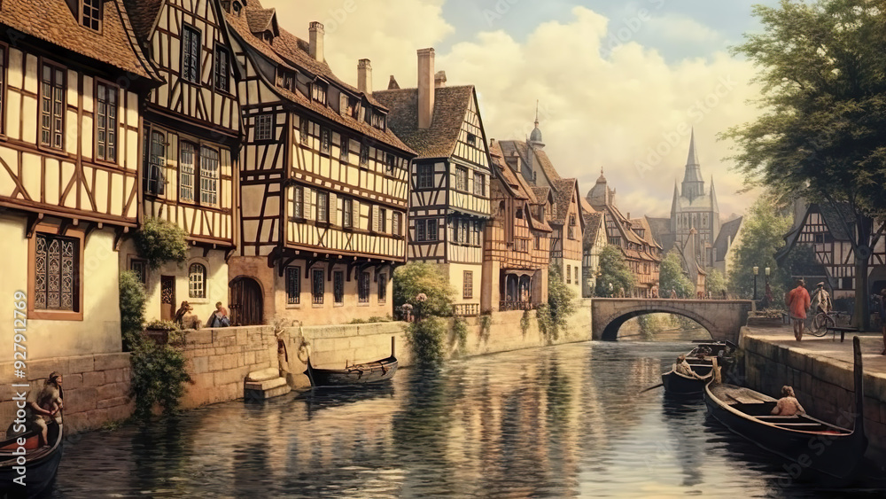Naklejka premium Strasbourg - historic town, canal, river, boats, bridge, architecture, old buildings, medieval, houses, waterway, European town, scenic view