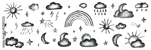 Chalk kid cloud weather symbols set. Vector stock illustration isolated on white background for design template travel blog, meteorology forecast. Kit textural crayon hand drawing symbols.