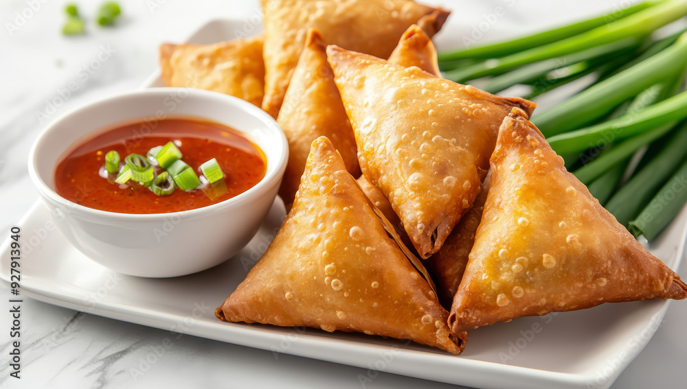 Samsa or samosas with meat and vegetables, dipping sauce and green onions. Traditional Indian food Samsa or samosas with meat and vegetables, dipping sauce and green onions. Traditional Indian food