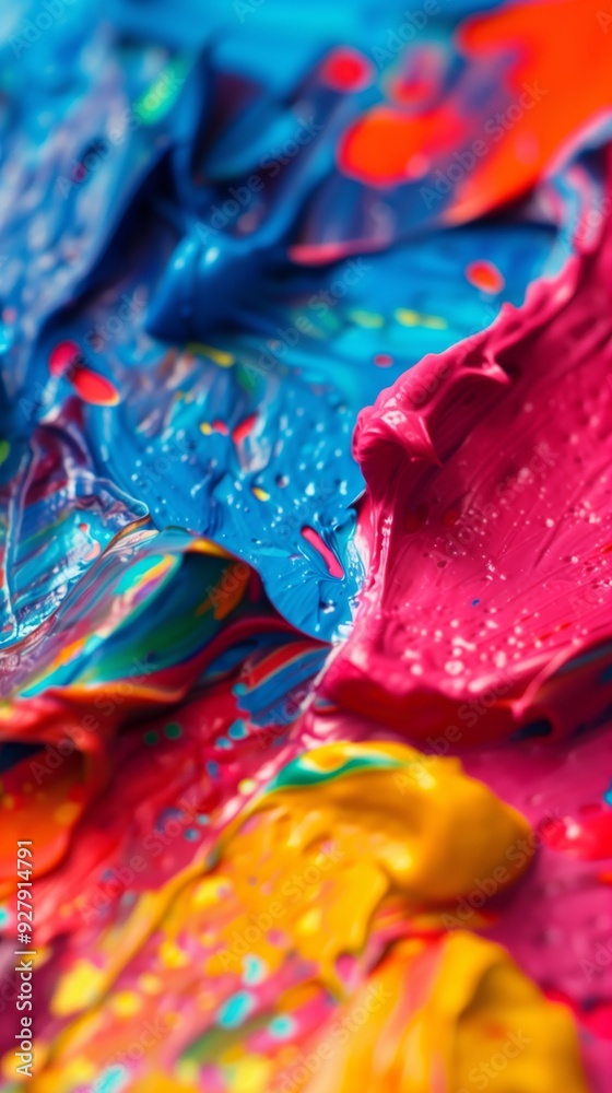 Fototapeta premium Colorful abstract paint with vibrant blue, pink, and yellow swirls in close-up view