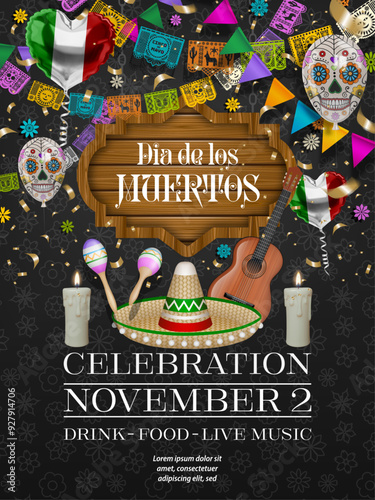dia de los muertos poster with wooden signboard. day of dead background with party balloons and pennants