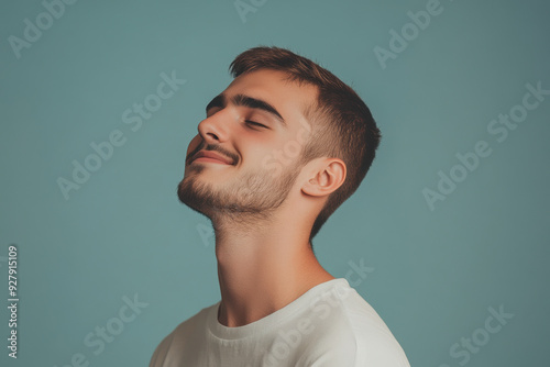 A close up of a man's face with her eyes closed