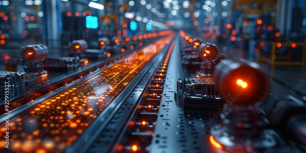 A futuristic industrial production line with glowing orange lights and high-tech machinery, emphasizing automation and advanced manufacturing processes A futuristic industrial production line with glowing orange lights and high-tech machinery, emphasizing automation and advanced manufacturing processes
