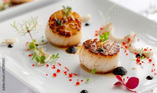 Fresh scallop seafood with cream sauce on plate makes it even beautiful and delicious Generate AI