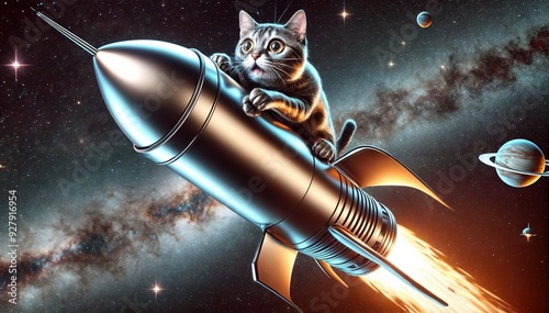 Realistic cat clinging to a rocket flying through outer space