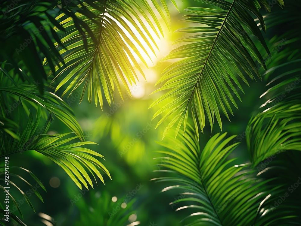 Sunlight shining through green tropical palm leaves Sunlight shining through green tropical palm leaves