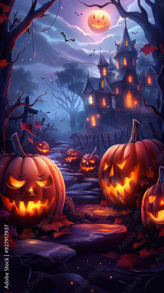 Cartoon Halloween Scene with Pumpkins Cartoon Halloween Scene with Pumpkins