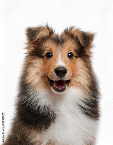 笑顔のシェットランドシープドッグの子犬のポートレート（Portrait of a smiling Shetland Sheepdog puppy on white background） 