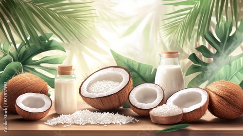 Banner showcasing a variety of coconut products, such as coconut oil, coconut milk, shredded coconut, and fresh coconut water