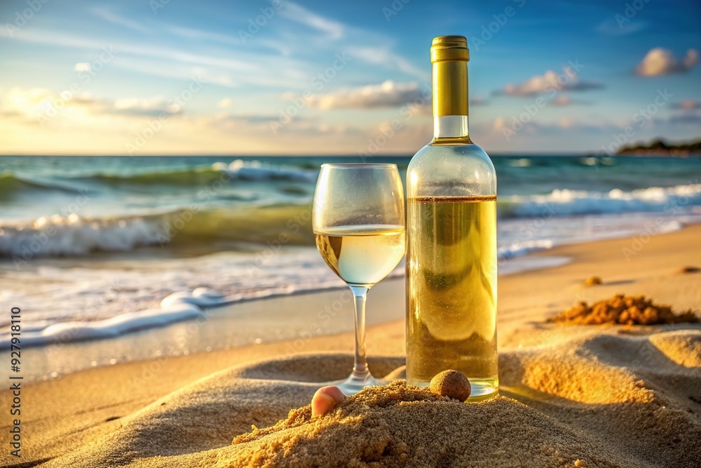 Bunch of grapes and glasses of white wine placed on blanket near basket with bottle on blurred background of sea and beach Bunch of grapes and glasses of white wine placed on blanket near basket with bottle on blurred background of sea and beach
