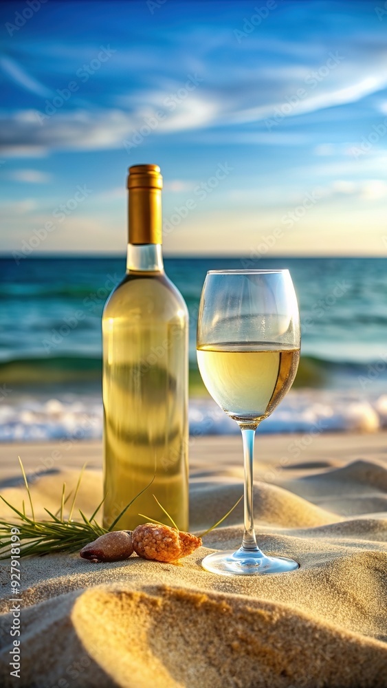 Bunch of grapes and glasses of white wine placed on blanket near basket with bottle on blurred background of sea and beach Bunch of grapes and glasses of white wine placed on blanket near basket with bottle on blurred background of sea and beach