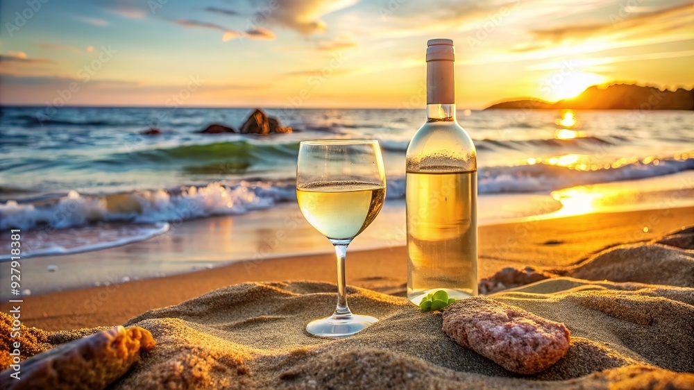Bunch of grapes and glasses of white wine placed on blanket near basket with bottle on blurred background of sea and beach Bunch of grapes and glasses of white wine placed on blanket near basket with bottle on blurred background of sea and beach