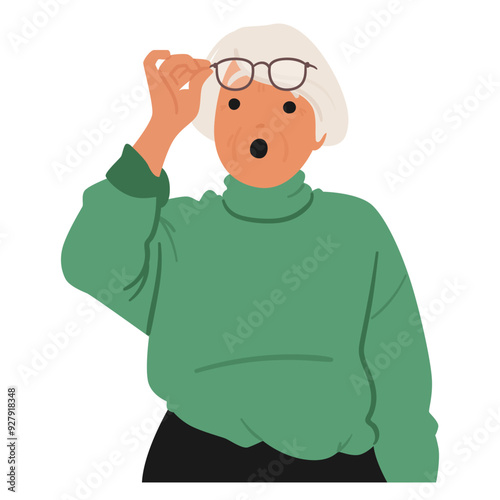 Surprised Elderly Woman Wearing A Green Sweater, Lifting Her Glasses. Female Character With Expression Of Astonishment