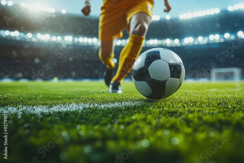 Dynamic soccer player sprinting towards the ball under stadium lights during an intense championship match