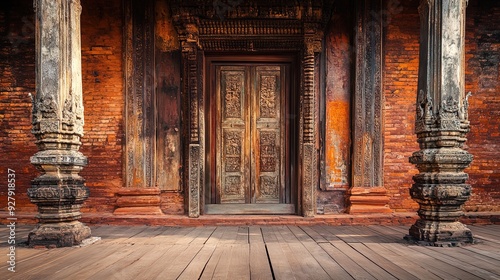 Elegant Weathered Wooden Door with Intricate Carvings - Perfect Poster for Rustic Home Decor or Sports Interior, Framed by Grand Stone Pillars and Aged Red Brick Walls