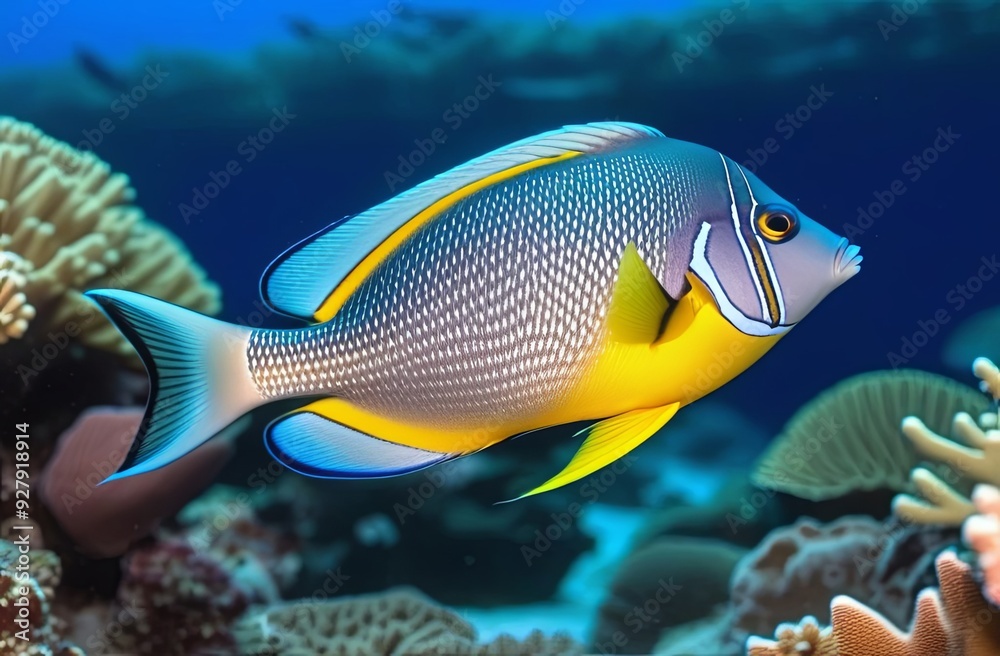 Paracanthurus hepatus underwater among the kolar reefs. The fish blue surgeon underwater among the kolar reefs