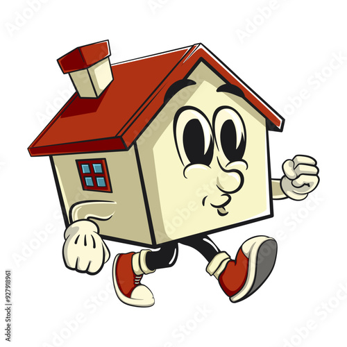 house cartoon character mascot retro vector design walking, work of hand drawn