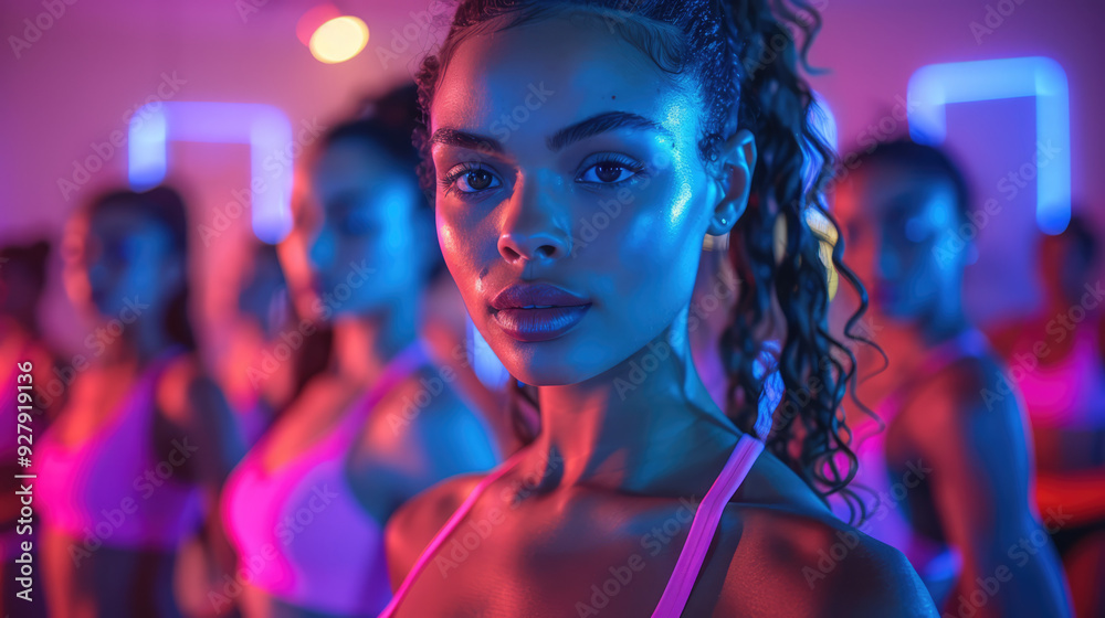 A group fitness class using smart wearables to monitor heart rate and performance, in a high-tech studio