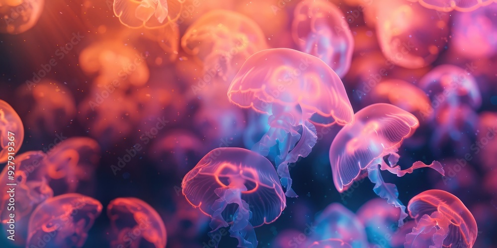 Obraz premium A cluster of luminescent jellyfish