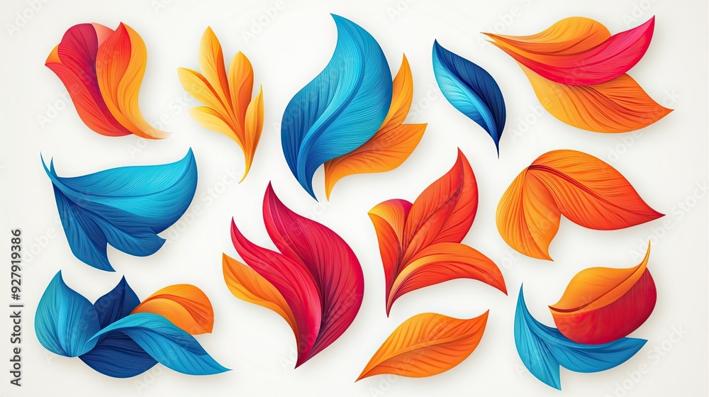 Vibrant collection of artistic leaves in blue, orange, and red colors, perfect for creative design projects and nature themes. Vibrant collection of artistic leaves in blue, orange, and red colors, perfect for creative design projects and nature themes.