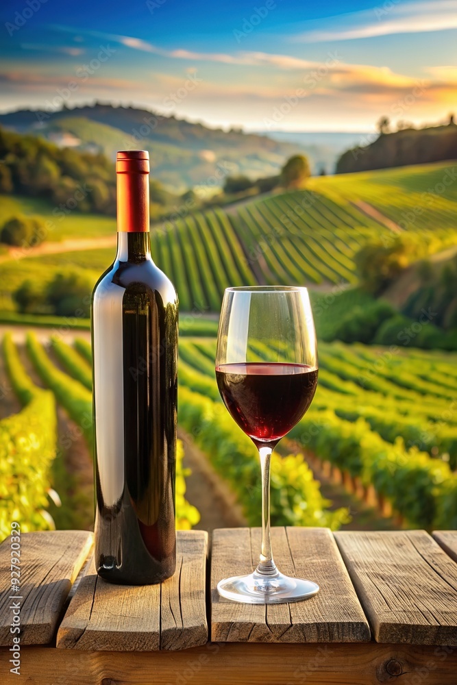 Summer evening time. Still life with red wine glass on wooden table over background of panoramic view of lush vineyards at sunset. Tasting, festivals, sophisticated lifestyle and winemaking concept Summer evening time. Still life with red wine glass on wooden table over background of panoramic view of lush vineyards at sunset. Tasting, festivals, sophisticated lifestyle and winemaking concept