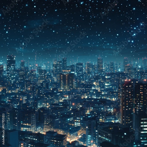 Wallpaper Mural Starry Enchantment: anime-style Cityscape of a Celestial Metropolis at Night, Glimmering Sky-high Buildings in Modern Artistry,Christmas, New Year 2025, holiday marketing creative poster,Anime-Style Torontodigital.ca