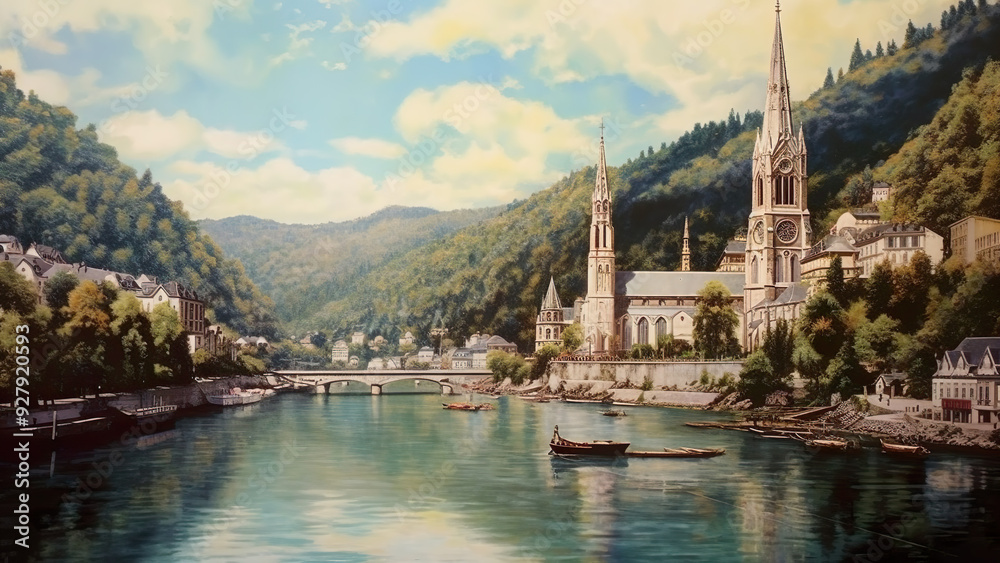 Fototapeta premium Lourdes - river, church, mountains, town, boats, bridge, trees, sky, water, architecture, reflections, nature, scenic, picturesque, landscape, valley, spires