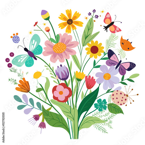 Bouquet of Wildflowers with Cute Bugs and Butterfly - Vector SVG, Cricut Files, Clipart, T-Shirt Graphics