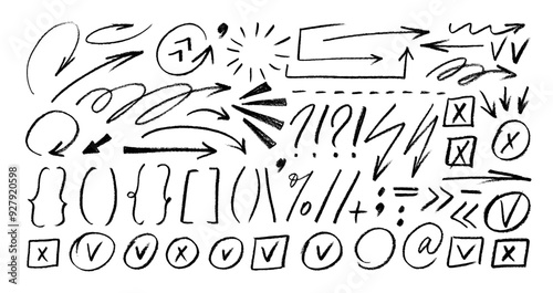 Charcoal doodle arrows, brackets, check marks and other emphasizes elements for hand drawn notes and presentations.