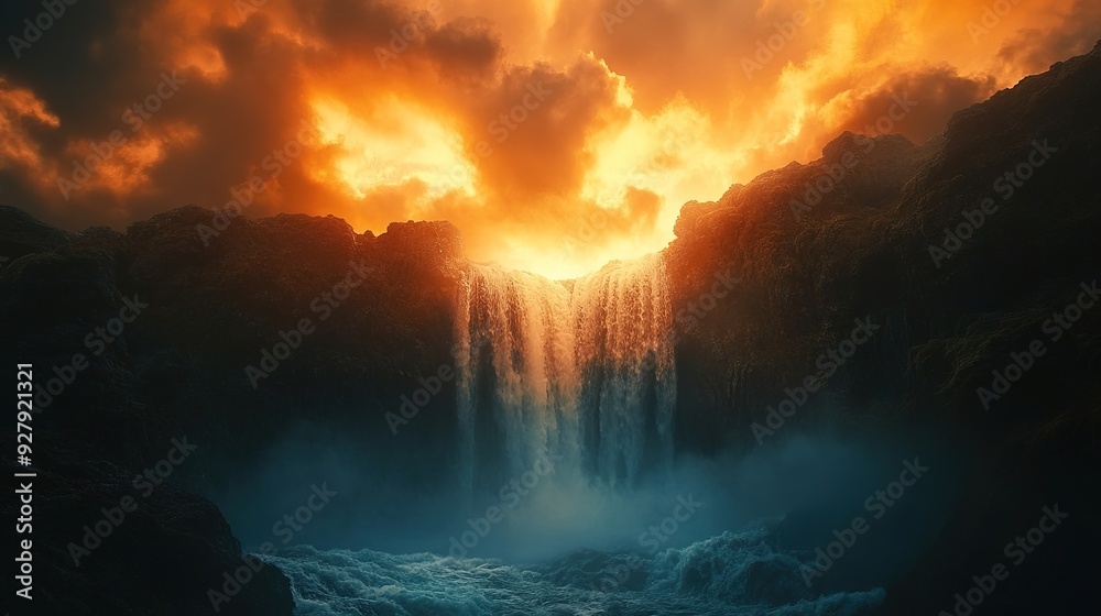 Fototapeta premium Waterfall cascading into a turquoise lagoon, with tropical plants and towering cliffs in the distance