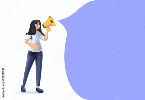 Advertising and promotion 3D concept. Woman cartoon character standing and shouting in loudspeaker or megaphone