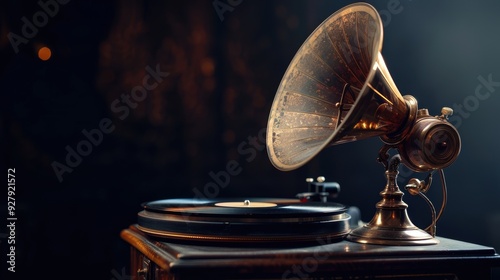 Vintage Gramophone: A nostalgic and elegant image of an antique gramophone, its brass horn reflecting the warm glow of the setting sun. The vintage turntable, copy space for text