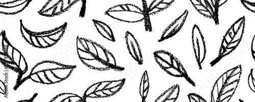 Crayon drawn simple leaves seamless pattern. Pencil or charcoal natural drawing. Grunge style ink painted foliage.