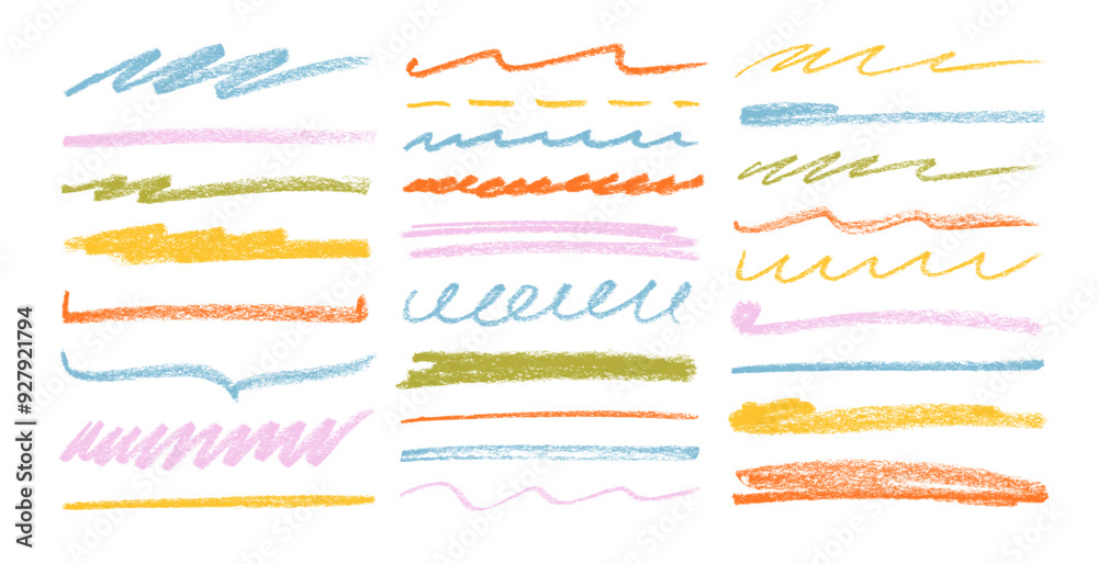 Various hand drawn crayon stripes and underlines collection. Pencil colored strips and rough highlighters. Various hand drawn crayon stripes and underlines collection. Pencil colored strips and rough highlighters.